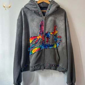 Spray Monkey Washed Custom Boxy Oversized Zipper Pullover Sudaderas con capucha Gradientes de colores DTG Big Rhinestones Rivet Hoodie - Product Image 3