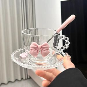 Lindo juego de taza de vidrio con lazo rosa 3D, asa con cuentas, platillo y cuchara, transparente, para café, latte, té con leche, té de la tarde, regalo para niña - Product Image 6
