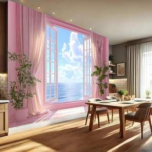 Encantador verano Tropical flor tapiz ventana vista escénica cielo azul y nubes blancas océano mar pared colgante naturaleza en Stock - Product Image 4