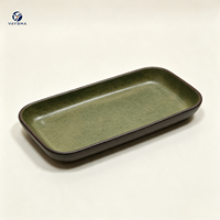 Assiette rectangulaire en céramique texturée vert foncé rétro, vaisselle japonaise vintage pour sushis, accompagnements de hot pot et fêtes