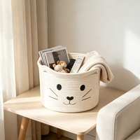 Panier de rangement en corde de coton pour chat, blanc crème, motif visage de chat mignon, pour chambre d'enfant, chambre à coucher, salon, décoration intérieure