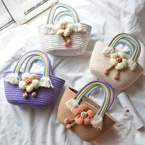 New Rainbow Handle Cotton Rope Woven Bag Versatile Casual Western Style Handbag Small Fresh Flower Grass Woven Bag