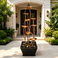 Décoration intérieure en métal, lumière LED annulaire, fontaine à eau en forme de lotus à trois niveaux pour cour