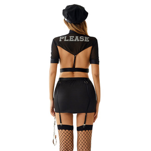 Sexy <span class=keywords><strong>Police</strong></span> Cosplay Costume PU Serré Mini Robe Lingerie Ensemble avec Résille Bas Menottes pour Halloween Roleplay Party - Product Image 5