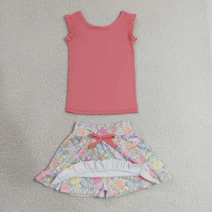 Conjunto de Ropa Casual Ecológica para Bebés y Niñas Longlv, Top Rosa sin Mangas con Bolsillos de Flores, Falda con Volantes y Pantalones Cortos de Yoga - Product Image 2