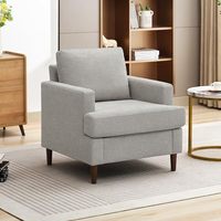 Fauteuil d'Appoint Mid-Century en Tissu Lin, Fauteuil Confortable Rembourré en Bois, Canapé Simple pour Salon et Chambre à Coucher