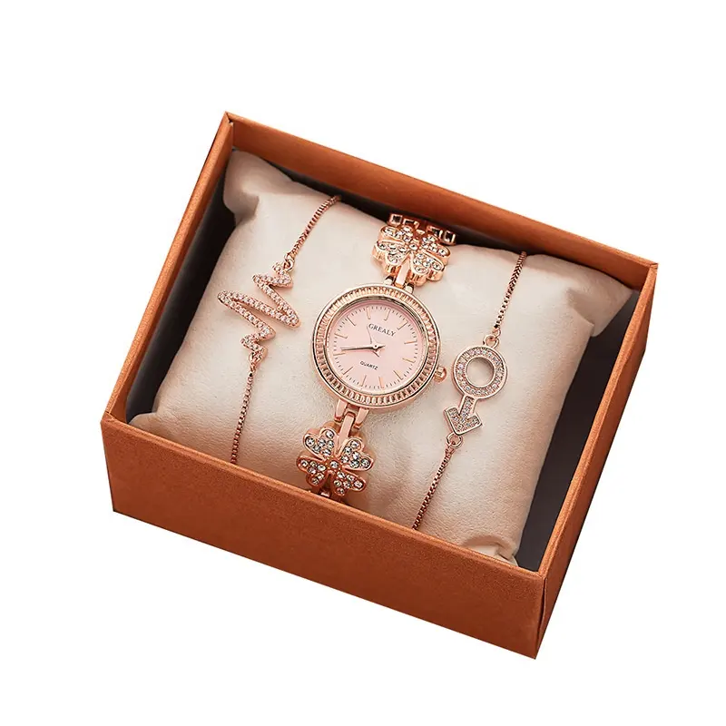 Роскошный подарочный набор женских часов и ювелирных украшений с золотым цветком и бриллиантами, комплект женских часов и браслетов