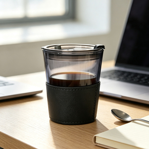 Bicchiere da <span class=keywords><strong>Caffè</strong></span> in Vetro Fumé con Custodia in Pelle, Coperchio Antispargimento, Tazza da Viaggio Riutilizzabile - Product Image 3