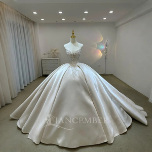 Elegant Sweetheart Neckline Off-The-Shoulder Chapel Train Ball Gown Appliques Shiny Beaded Satin <b>Wedding</b> Dress Lsjj45 for - Product Image 1