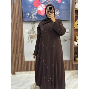 Elegante Abaya Larga con Volantes y Adornos de Ágata, con Pañuelo, Sin Costuras, Ideal para Verano y Otoño, Perfecta para la Oración y Ocasiones Festivas - Product Image 3