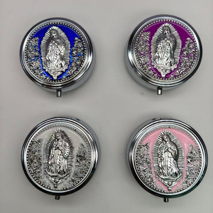 <b>Compact</b> Mirror Round Metal Embossed Religious Design Jewelry Box <b>Makeup</b> Mirror Tinplate Material - Product Image 2