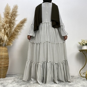 6400 #   Robe décontractée élégante pour femme avec col rond, poignets élastiques, empiècements plissés et rayures, fermeture éclair au dos - Product Image 6