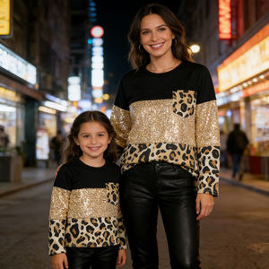 Tenues assorties pour <span class=keywords><strong>maman</strong></span> et moi, style blocs de couleurs, imprimé léopard à paillettes, sweat-shirt à manches longues et col rond décontracté pour <span class=keywords><strong>maman</strong></span> et fille - Product Image 3