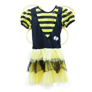 Pafu Halloween Fancy Dress Costume Girls Black Yellow Stripe Little Honey Bee Costume Dress Wing Set
