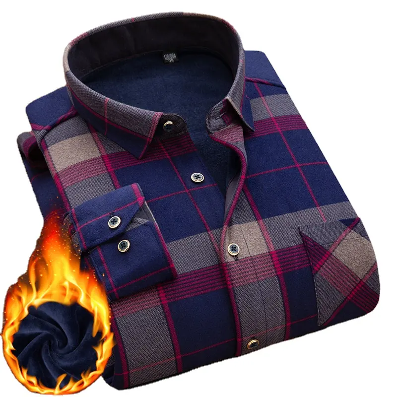 Plush and thicken winter long sleeve check shirts for men loose casual outdoor thermal shirts