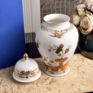 Pot à gingembre en céramique dorée à motifs floraux avec couvercle, vase décoratif en porcelaine blanche de luxe pour la décoration de la maison, ornement de table, pot de rangement - Product Image 2