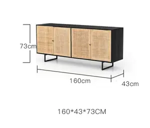 Mid-century-inspired Style TV Stand Table Sideboard Vintage Rattan Furniture Storage 2 Tier Stand Wooden TV Cabinet Set