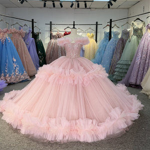 20257 Vestido de Fiesta Exclusivo con Hombros Descubiertos, Volantes, Color Rosa, con Lentejuelas, para Quinceañera - Product Image 1