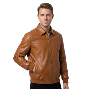 <b>Brown</b> <b>Leather</b> Bomber <b>Jacket</b> <b>Men</b> Zipper Closure Turn-down Collar Casual Autumn Outerwear Regular Fit Solid Color - Product Image 3