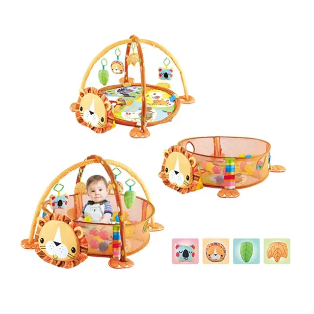 2020 New 3 in 1 Lion baby activity gym and ball pit high quality baby play mat with 12 balls and 4 doll rattles