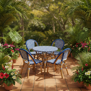 Ensemble de salle à manger d'extérieur en rotin PE durable de 5 pièces, style bistro parisien tropical, pour restaurant, café, hôtel, complexe hôtelier, jardin, terrasse - Product Image 1