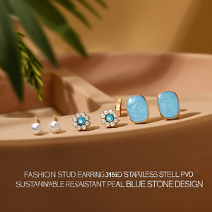 Fashion <b>Stud</b> <b>Earrings</b> 316L Stainless Steel PVD Gold Plating Sustainable Resistant Pearl <b>Blue</b> Stone Design - Product Image 3