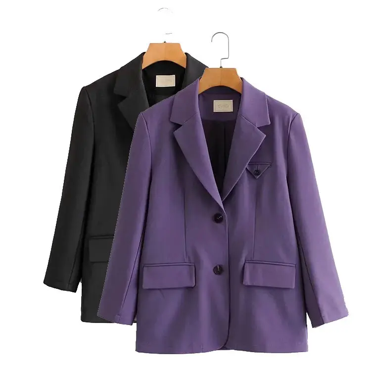 Women Purple Elegant Double Breasted Jacket Black Ladies Suit