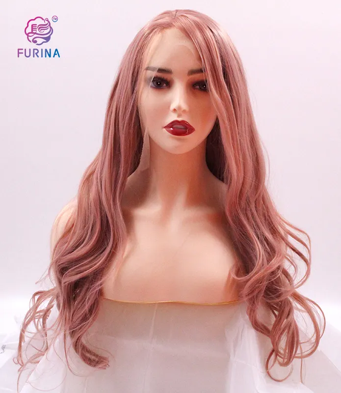 Perruque lace front wig synthétique rose merveilleux, perruques cosplay longues et ondulées, bon marché, perruques synthétiques pour femmes