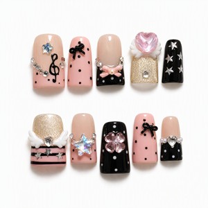 10 faux ongles carrés courts à presser, avec strass 3D, nœud et étoile, style French, pré-dessinés pour femmes - Product Image 1