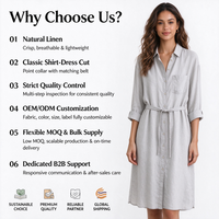 Robe chemise en lin gris clair OEM en gros, taille nouée, manches retroussées, longueur midi, vêtements d'été décontractés pour femmes