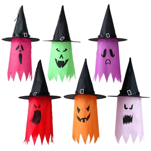 Chapeau de sorcière lumineux et coloré pour décorations de fête d'Halloween avec accessoires de scène, chapeau de magicien à bord festonné et pendentif fantôme - Product Image 2