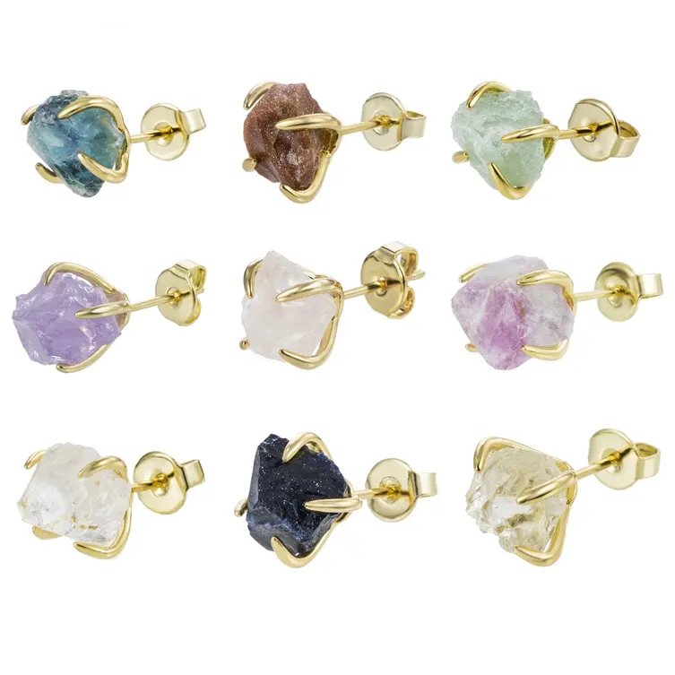 Gemnel women natural stone rose quartz amethyst studs raw healing crystal 925 silver luxury earrings