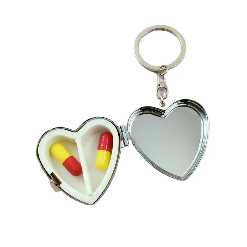 Kypl111 hình trái tim 2 ngăn Pocket Pill Box với Keychain Pill trường hợp