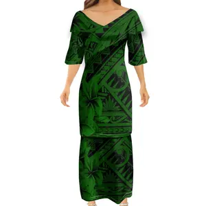 2022 Samoan Polynesian 부족 레이디 v 넥 Puletasi 드레스 최고 품질 사용자 정의 로고 하프 숄더 드레스 드레스 공장 아울렛