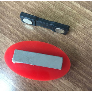 <b>Magnetic</b> Badge Holder Plastic Red Oval With Silver <b>Bar</b> For Work Badges And Name Tags - Product Image 1
