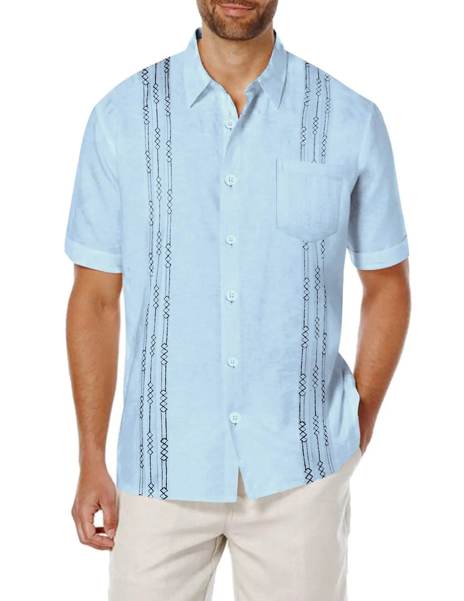 Fabriek Direct Kruis Streep Ontwerp Custom Print Cubaanse Guayabera Heren Shirts Ademende Korte Mouw Cubaanse Kraag Shirt