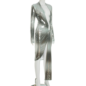 Viviblook J25DS300 Vestido de Noche para Mujer con Cuello en V Profundo, Manga Larga, Ajustado, Sexy, con Abertura y Lazo - Product Image 3