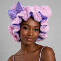Bonnet de nuit en peluche à oreilles d'animaux mignonnes avec paillettes, grand diamètre 35 cm, doux et chaud pour l'hiver, doublé en satin pour cheveux naturels