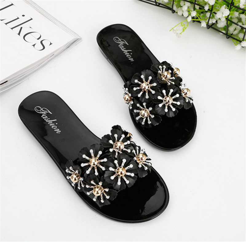 New Flower Pearl Slippers Women Anti-slip PVC Sandals Slipper Beach Slides Custom Logo