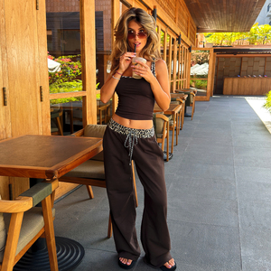 Women's Y2K Vintage Leopard Print Two Piece Set U-Neck Backless Cami Pleated Drawstring Pants Yoga Activewear Outfit Short <b>Top</b> - Product Image 5