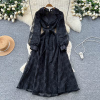 Robe élégante pour femmes WIWT, bleu, dentelle brodée, coupe évasée, col en V, manches longues lanternes, ceinture à nouer, robe midi décontractée pour tous les jours