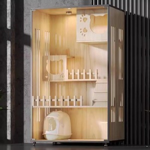 Villa pour chat <span class=keywords><strong>en</strong></span> bois de style luxueux avec paroi vitrée latérale, cage intérieure pour animaux de compagnie, villa respirante et écologique pour le bien-être des chats - Product Image 3