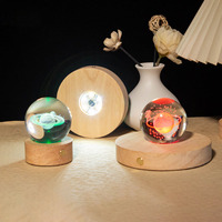 Lampe de nuit LED ronde en bois, lumière chaude, boule de cristal, lampe à illusion 3D, base en bois, lampe de nuit LED en verre, boule de lune intelligente, lampe de bureau