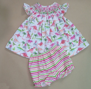 Cute Baby <b>Girl</b> Dinosaur Printed Smocked Flutter Sleeve Bubble Romper Summer Cotton <b>Onesie</b> Outfit - Product Image 2