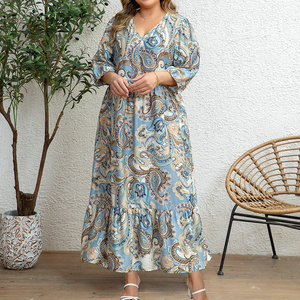 Hot Sale <strong>Plus</strong>-<strong>size</strong> Women's Cashew Print Dress V-neck 3/4 Sleeves Loose Fit Skirt Elegant Resort Style 1XL-5XL Woven <strong>Clothing</strong> - Product Image 1
