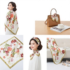 Écharpe en soie à imprimé floral <span class=keywords><strong>vintage</strong></span> romantique avec bordure vert olive pour bandeau et châle d'épaule pour femmes - Product Image 1