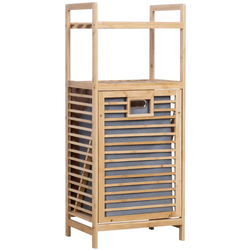Laundry Cabinet with Foldable Hamper, 2-Tier Bamboo Freestanding Storage Cabinet with Basket