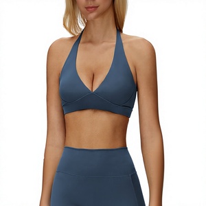 Latest Women Deep V <b>Neck</b> <b>Halter</b> Sports <b>Bra</b> Medium Support Yoga Top Solid Color Spandex Polyester Fitness Sports <b>Bra</b> - Product Image 1