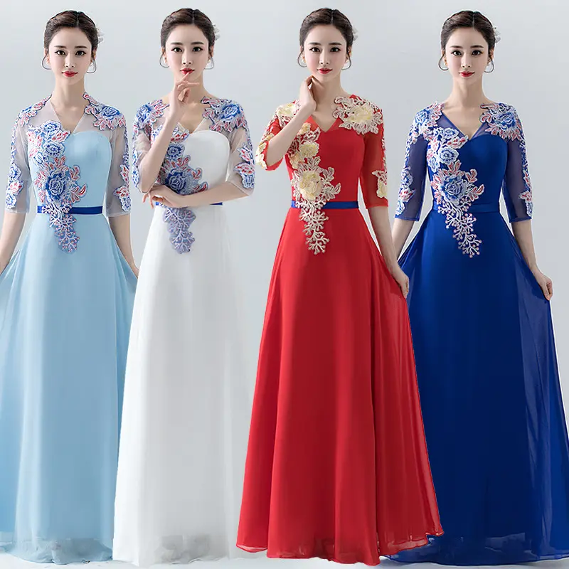 Elegante Chinese Nationale Stijl Chiffon Formele Avond Galajurken A-Lijn Meisjes Jurken Voor Huwelijksfeest