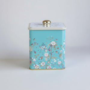 Kontensan ER0239F 1.8L <b>Floral</b> Design Pastel Blue Metal Square <b>Box</b> Knob Handle 120x120x137mm Recyclable Tin Containers Beverages - Product Image 2